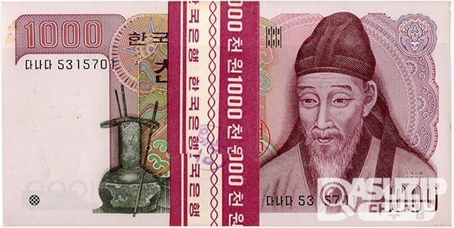 1983년 나 1000원(2차) 양성기호 '다나다 53..' 100장 관봉 다발/ 미사용품